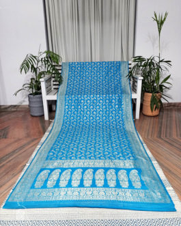 Banarasi Soft Silk Azure Blue Saree With Bright Golden Zari Jangla Weave