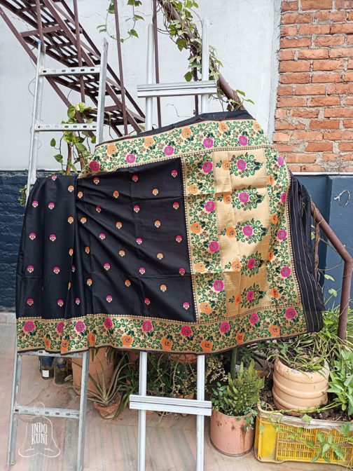 Banarasi Soft Silk Saree in Black With Gold Zari Border And Resham MInakari