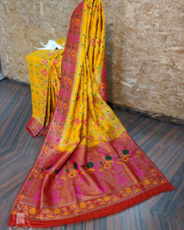 Banarasi Soft Silk Yellow and Red Saree In Ghatchola Weave With Minakari Work In Zari And Resham Thread