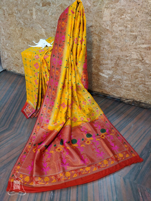 Banarasi Soft Silk Saree in Yellow and Red Ghatchola Weave and Minakari work