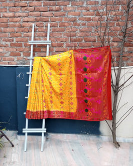 Banarasi Soft Silk Yellow and Red Saree In Ghatchola Weave With Minakari Work In Zari And Resham Thread