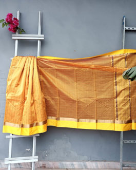 Banarasi Pure Mercerized Cotton Silk Mustard Yellow Saree In Check Weave With Satin And Zari Border