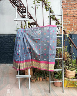 Banarasi Pure Mercerized Cotton Silk Saree In Grey With Pink White Orange Boota And Zari Border With Resham Minakari Work