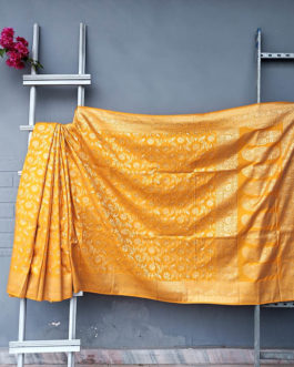 Banarasi Soft Silk Saree In Bright Yellow With Golden Zari Jangla Weave