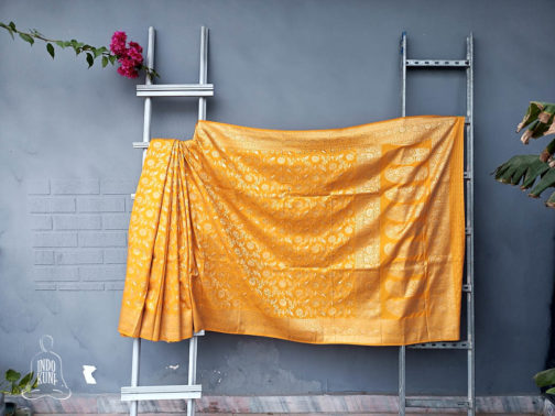 Banarasi Soft Silk bright yellow bright golden zari jangla weave saree