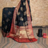 Banarasi Silk Cotton Zari Boota Saree Black Base With Copper Red Zari Work Anchal And Border