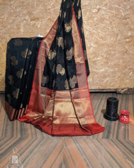 Banarasi Silk Cotton Zari Boota Saree Black Base With Copper Red Zari Work Anchal And Border
