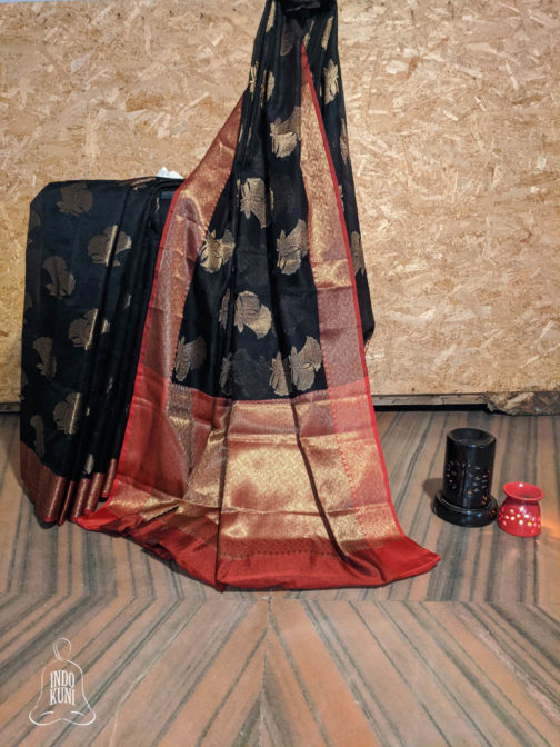 Banarasi Silk Cotton Zari Boota Saree Black Base With Copper Red Zari Work Anchal And Border