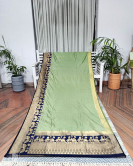 Banarasi Soft Silk Plain Saree In Pastel Green Body And With Antique Zari Mor Motifs On Border And Anchal In Peacock Blue Base