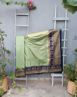 Banarasi Soft Silk Plain Saree In Pastel Green Body And With Antique Zari Mor Motifs On Border And Anchal In Peacock Blue Base