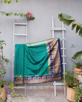 Banarasi Soft Silk Plain Saree In Turquoise Green With Antique Zari Mor Motifs On Border And Anchal In Peacock Blue