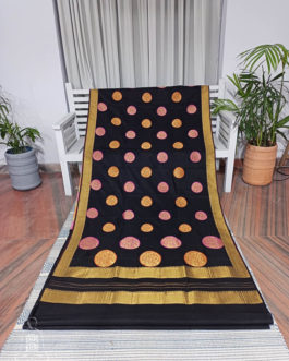 Banarasi Soft Silk Black Saree With Resham And Zari Woven Big Polka Dot Weave All Over