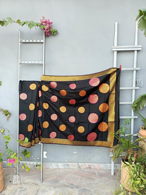 Banarasi Soft Silk Black Saree With Resham And Zari Woven Big Polka Dot Weave All Over