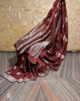 Banarasi Soft Silk Maroon Saree With Antique Zari Floral Boota All Over And Zari Border And Anchal Design