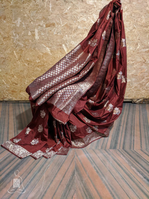 Banarasi Soft Silk Maroon Saree With Antique Zari Floral Boota All Over And Zari Border And Anchal Design