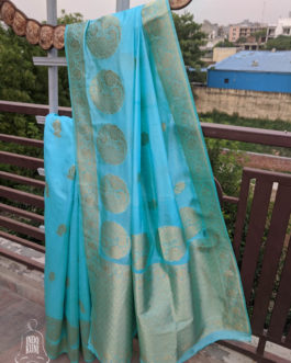 Banarasi Soft Silk Sky Blue Saree With Floral Boota All Over And Big Circular Boota By The Border And Anchal In Bright Golden Zari