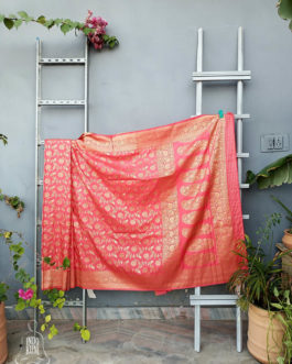 Banarasi Soft Silk Saree In Peach With Bright Golden Zari Jangla Weave