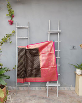 Banarasi Soft Silk Saree In Black With Zari Leheria Stripes And Magenta Border And Anchal With Golden Zari Weave