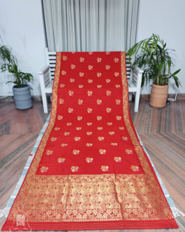 Banarasi Soft Silk Bright Red With Floral Golden Zari Boota And Border & Anchal With Bright Golden Zari Floral Bel Boota Weave