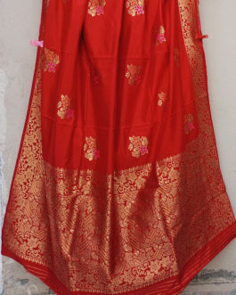 Banarasi Soft Silk Bright Red With Floral Golden Zari Boota And Border & Anchal With Bright Golden Zari Floral Bel Boota Weave
