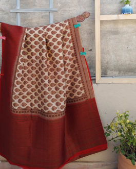 Banarasi Soft Silk Saree In Beige With Antique Zari Paisley Boota All Over & Heavy Zari Border And Anchal On Red Base
