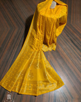 Banarasi Soft Silk Bright Yellow Small Boota All Over With Circular Boota Border And Paisley Weave Anchal In Bright Golden Zari Weave