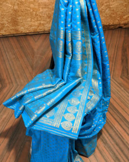 Banarasi Soft Silk Saree In Azure Blue Small Boota All Over With Circular Boota Border And Paisley Weave Anchal In Bright Golden Zari Weave
