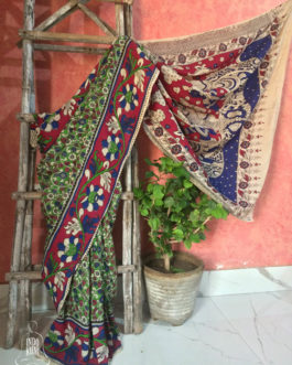 Kalamkari Silk Saree With Authentic Traditional Designs Green Base- Red Blue and Off-White