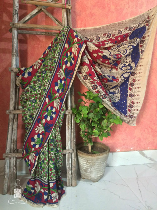 Kalamkari Silk Saree in Green Base with Red Blue Motifs in Off-White