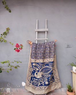 Kalamkari Silk Saree With Authentic Traditional Designs In Blue And Off White