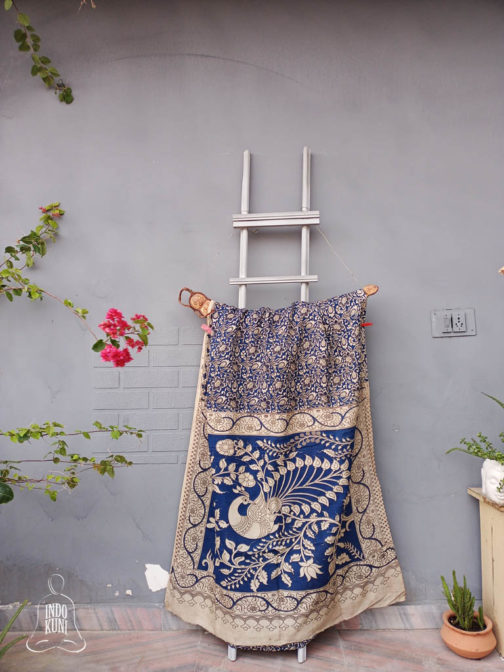 Kalamkari Silk Saree In Blue and Off White