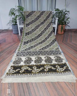 Kalamkari Silk Saree With Authentic Traditional Designs Off White Base And Green Print