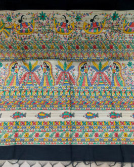 Madhubani Print Semi Gheecha Black Silk Saree