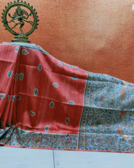 Madhubani Print Semi Gheecha Red Silk Saree