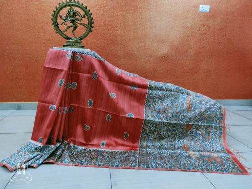 Madhubani Print Semi Gheecha Silk Saree In Red with Full Anchal Intricate Hand Painting