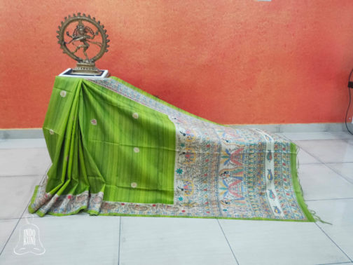 Madhubani Print Semi Gheecha Silk Saree In Light Green Full anchal Intricate Hand Painting