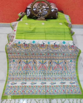 Madhubani Print Semi Gheecha Silk Saree In Light Green Full anchal Intricate Hand Painting