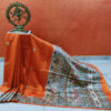 Madhubani Print Semi Gheecha Silk Saree In Orange And Full Anchal With Intricate Hand Painting