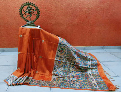 Madhubani Print Semi Gheecha Silk Saree In Orange And Full Anchal With Intricate Hand Painting