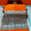 Madhubani Print Semi Gheecha Silk Saree In Orange And Full Anchal With Intricate Hand Painting