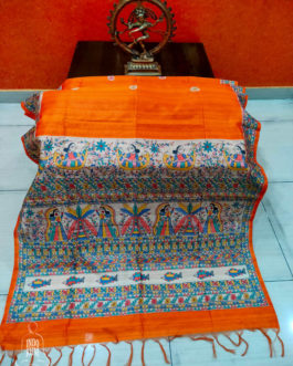 Madhubani Print Semi Gheecha Silk Saree In Orange And Full Anchal With Intricate Hand Painting