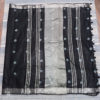 Linen Shibori Saree in Black with White and Grey Square Patterns Silver Zari Border And Anchal