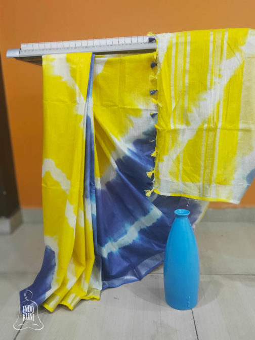 Linen Shibori Saree Yellow And blue Base Thick White Striped Pattern On Body With Silver Zari Border And Anchal