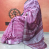 Linen Shibori Saree Mauve And White Colored Pattern On Body With Silver Zari Border And Anchal