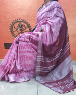 Linen Shibori Saree Mauve And White Colored Pattern On Body With Silver Zari Border And Anchal