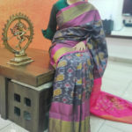Ikkat Soft Silk Saree In Black And Purple With Gold Border And Pink Anchal