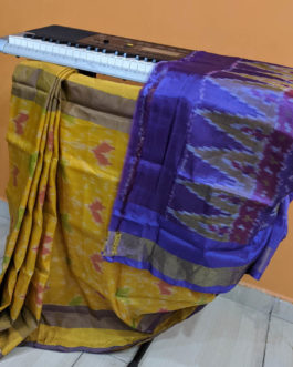 Ikkat Soft Silk Saree In Mustard With Purple Anchal