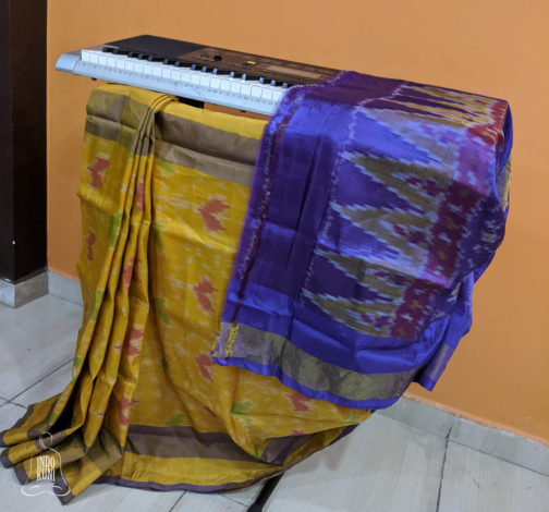 Ikkat Soft Silk Saree In Mustard With Purple Anchal