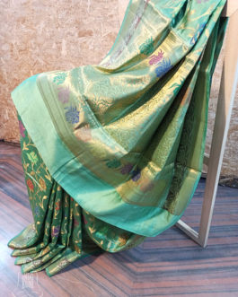 Banarasi Chinia Silk Pastel Green Saree With Resham Gold Zari And Meenakari Work