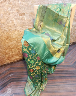 Banarasi Chinia Silk Pastel Green Saree With Resham Gold Zari And Meenakari Work